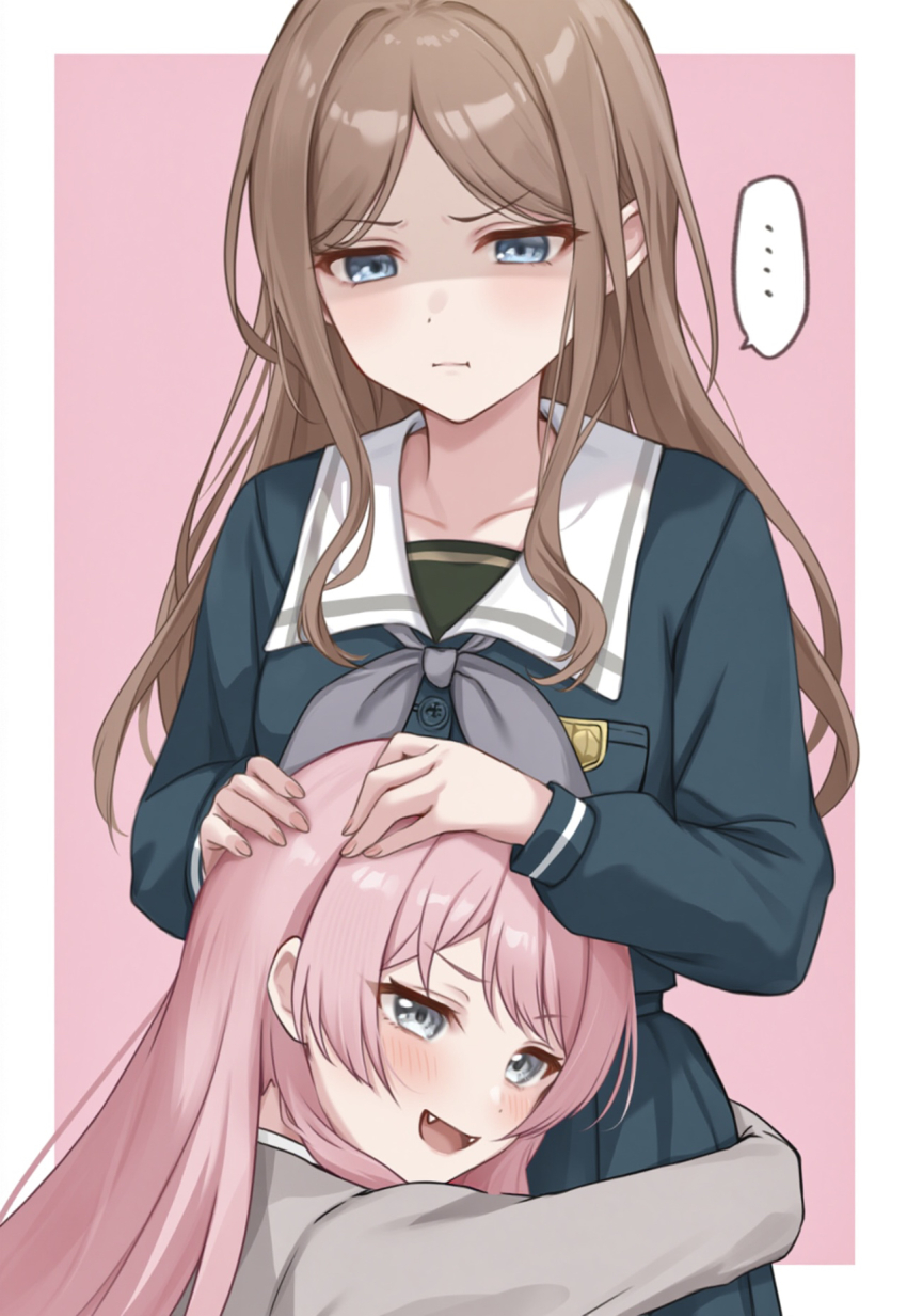 ... 2girls bang_dream! bang_dream!_it&#039;s_mygo!!!!! blue_eyes blue_shirt blush border chihaya_anon closed_mouth commentary fang grey_eyes grey_neckerchief haneoka_school_uniform highres holding_own_arm hug long_sleeves multiple_girls nagasaki_soyo neckerchief open_mouth pink_background sailor_collar school_uniform shaded_face shirt simple_background smile spoken_ellipsis tsukinomori_school_uniform waist_hug white_border white_sailor_collar yukino110802