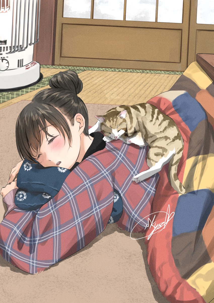1girl black_hair blanket blush carpet cat cat_on_person closed_eyes commentary_request hair_behind_ear hair_bun heater highres indoors kotatsu lying on_stomach open_mouth original patterned_clothing shouji signature single_hair_bun sleeping sleeves_past_wrists slice_of_life sliding_doors soragane_(banisinngurei) table tatami