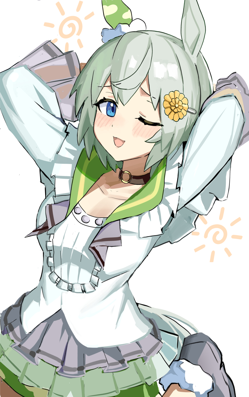 1girl absurdres animal_ears arms_behind_head blue_eyes blush breasts brown_choker choker collarbone ear_covers ear_scrunchie flower franz2543 green_shorts grey_hair hair_between_eyes hair_flower hair_ornament hairclip highres horse_ears horse_girl horse_tail layered_shirt long_sleeves looking_at_viewer one_eye_closed open_mouth seiun_sky_(reeling_in_the_big_one)_(umamusume) seiun_sky_(umamusume) shirt short_hair shorts single_ear_cover skirt smile solo sunflower sunflower_hair_ornament tail umamusume white_shirt