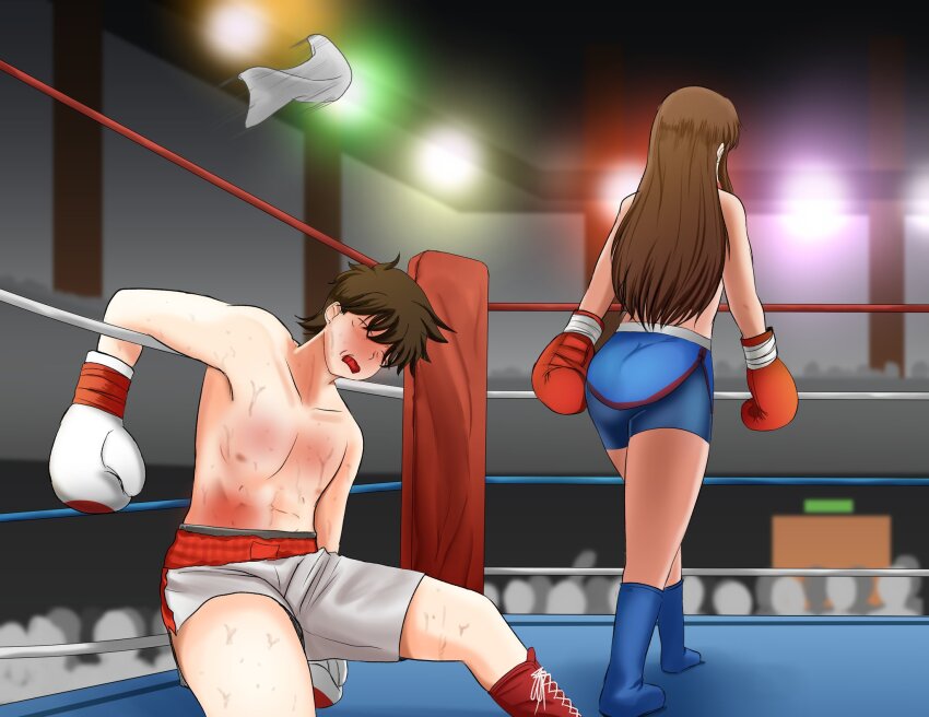 1boy 1girl ass azayakasket boxing boxing_gloves defeat humiliation tagme