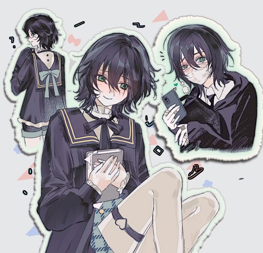 1boy ? bandaid bandaid_on_finger belt black_bow black_bowtie black_hair black_hoodie black_necktie black_shirt black_shorts blue_ribbon blush book bow bowtie closed_mouth collared_shirt degrees_of_lewdity freesia_quan frilled_shirt frills green_eyes green_outline grey_background hair_between_eyes head_tilt highres holding holding_book holding_phone hood hoodie knees_up kylar_(degrees_of_lewdity) looking_at_viewer male_focus mask medium_hair mouth_mask multiple_views necktie outline phone raised_eyebrows ribbon sailor_collar shirt shorts shy sitting teardrop thick_outlines thigh_belt thigh_strap wavy_hair white_shirt