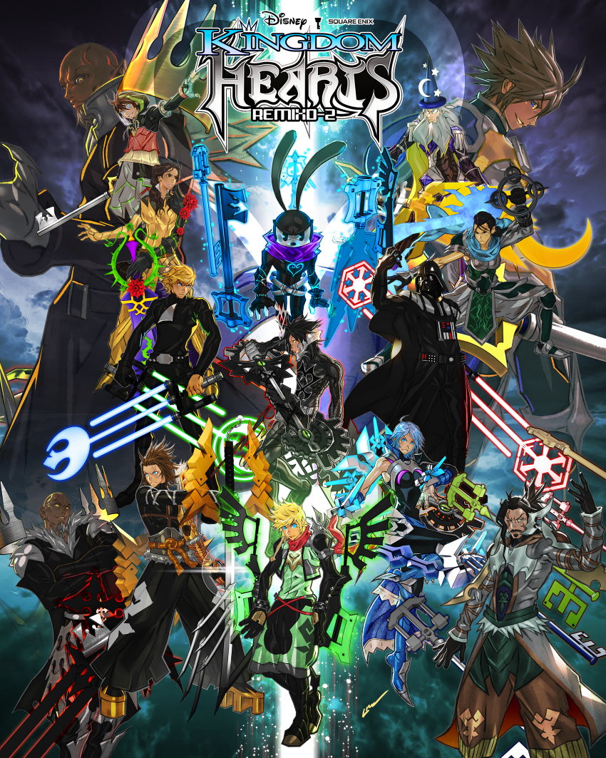 3girls 5girls 6+boys absurdres adapted_costume aqua_(kingdom_hearts) armor bald beauty_and_the_beast_(disney) belle_(disney) black_hair blonde_hair blue_eyes blue_hair brown_eyes brown_hair cape copyright_name dark_skin darth_vader disney dual_persona dual_wielding earrings energy_sword eraqus fa_mulan_(disney) facial_hair fingerless_gloves gloves goatee heart helmet highres holding jewelry keyblade kingdom_hearts kingdom_hearts_birth_by_sleep larry_d_warren_jr. lightsaber luke_skywalker master_eraqus master_xehanort mulan_(movie) multiple_boys multiple_girls mustache one_eye_closed oswald_the_lucky_rabbit scar signature single_glove sora_(kingdom_hearts) square_enix star_wars sword terra_(kingdom_hearts) vanitas_(kingdom_hearts) vanitas_no_shinen vanitas_remnant ventus_(kingdom_hearts) weapon wizard xehanort yellow_eyes yen_sid