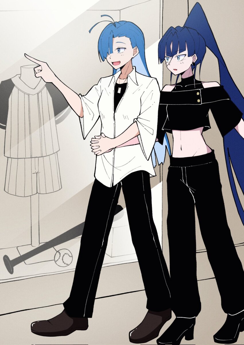 2girls ado_(utaite) ahoge black_pants black_shirt blue_eyes blue_hair commentary_request corrupted_twitter_file crop_top earrings hair_between_eyes highres holding_hands interlocked_fingers jewelry long_hair merry_(ado) midriff multiple_girls naima_(ado) navel necklace nori_(norinori_yrl) open_mouth pants ponytail readymade_(ado) shirt usseewa very_long_hair white_shirt yuri