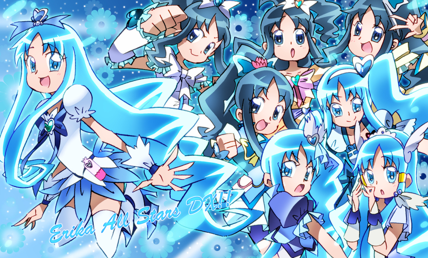1girl alternate_hairstyle blue_background blue_eyes blue_hair blue_skirt blue_theme bow brooch character_name color_connection cosplay costume_chart cure_aqua cure_aqua_(cosplay) cure_beat cure_beat_(cosplay) cure_beauty cure_beauty_(cosplay) cure_berry cure_berry_(cosplay) cure_egret cure_egret_(cosplay) cure_marine cure_white cure_white_(cosplay) edamame_(buruburu) floral_background flower fresh_precure! futari_wa_precure futari_wa_precure_splash_star hair_ornament hair_tubes happy heart heart_brooch heart_hair_ornament heartcatch_precure! high_ponytail jewelry kurumi_erika long_hair magical_girl multiple_persona ponytail precure puffy_sleeves ribbon skirt smile_precure! suite_precure thighhighs white_thighhighs wrist_cuffs yes!_precure_5