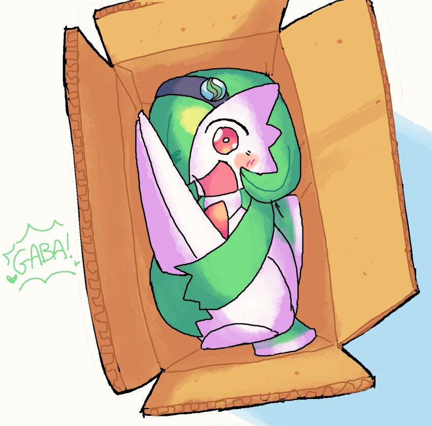 1girl black_hairband bob_cut box cardboard_box colored_skin full_body gardevoir gen_3_pokemon green_hair green_skin hair_over_one_eye hairband highres hugging_own_legs in_box in_container legs_together legs_up mega_stone melfunnysmell multicolored_skin nintendo one_eye_covered pokemon pokemon_(creature) red_eyes short_hair two-tone_skin white_skin
