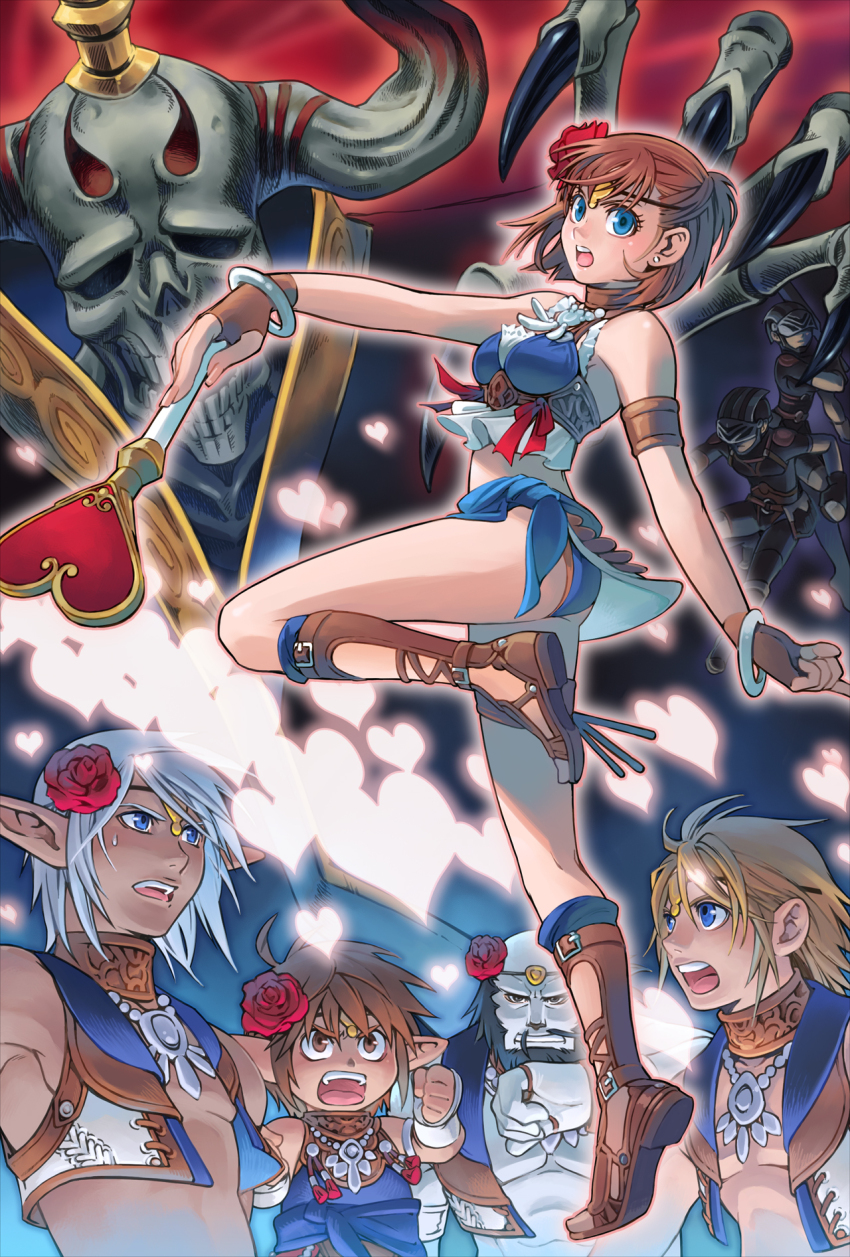 1girl 4boys bare_shoulders beard bikini black_hair blonde_hair blue_bikini blue_eyes bracelet breasts brown_eyes brown_gloves brown_hair brown_sandals circlet clenched_hands commentary dark-skinned_male dark_skin earrings elf elvaan facial_hair final_fantasy final_fantasy_xi fingerless_gloves flower galka gloves grey_hair hair_flower hair_ornament heart heart_wand highres holding holding_wand hume jewelry leg_up medium_breasts minagawa_fumio multiple_boys mumor mustache official_art open_clothes open_mouth open_vest pointy_ears red_flower red_rose rose sandals second-party_source swimsuit tarutaru upper_body v-shaped_eyebrows vest wand