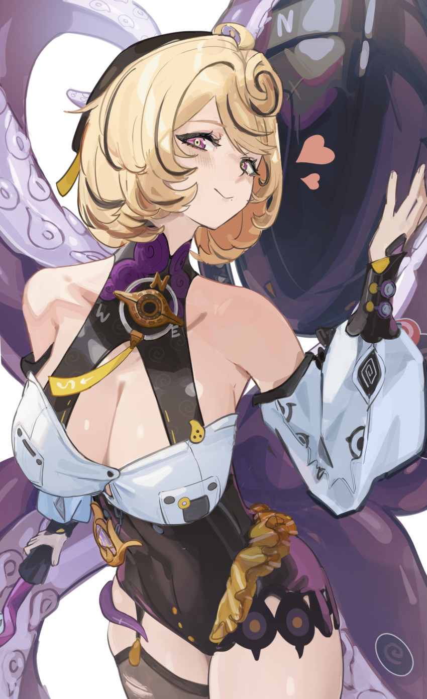 1girl accessories asymmetrical_shorts bare_shoulders black_hat blonde_hair breasts button_gap cleavage closed_mouth commentary_request covered_navel cowboy_shot detached_sleeves garter_straps hammer hat heart highres holding holding_behind_back holding_hammer holding_weapon holding_weapon_behind_back large_breasts looking_at_viewer mole mole_under_mouth monster_girl purple_eyes scylla shirt short_hair simple_background single_garter_strap single_thighhigh smile solo sticker suction_cups tentacle_girl tentacle_tail tentacles thighhighs torn_clothes torn_thighhighs weapon white_background white_shirt white_sleeves yidhari_murphy yuma-zusuki zenless_zone_zero