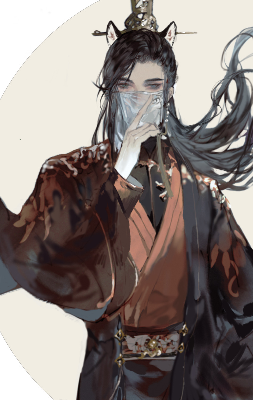 1boy animal_ears black_coat black_hair black_shirt blue_eyes brown_capelet capelet coat covered_mouth covering_own_mouth cowboy_shot floating_hair floral_print_sash hair_ornament hair_stick hand_over_own_mouth highres jewelry long_hair long_sleeves male_focus mouth_veil nanfengpiaobudong orange_hanfu parted_bangs sash see-through_clothes see-through_veil shirt solo straight-on veil waist_sash white_veil xiao_guan_(headdress) yi_meng_jianghu