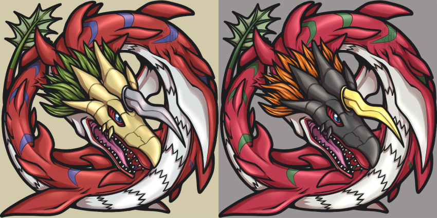 blue_eyes digimon digimon_(creature) green_hair horns megaseadramon sharp_teeth tail teeth waruseadramon