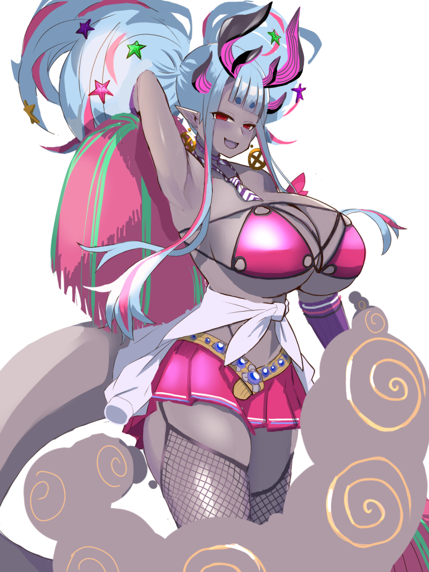 1girl arm_behind_head arm_up armpits bare_shoulders belt bikini blue_hair blush breasts choker cleavage clothes_around_waist cloud colored_skin detached_sleeves double_bun earrings fate/grand_order fate_(series) fishnet_thighhighs fishnets grey_skin hair_between_eyes hair_bun hair_ornament highres hoop_earrings horns ibuki_douji_(fate) ibuki_douji_(swimsuit_berserker)_(fate) ibuki_douji_(swimsuit_berserker)_(second_ascension)_(fate) jewelry large_breasts long_hair looking_at_viewer miniskirt multicolored_hair navel necktie oni open_mouth pink_bikini pink_hair pink_skirt pleated_skirt pointy_ears pom_pom_(cheerleading) presenting_armpit red_eyes shirt shirt_around_waist sidelocks skirt smile solo star_(symbol) star_hair_ornament swimsuit tail thighhighs thighs tied_shirt user_fkzw8222 white_shirt