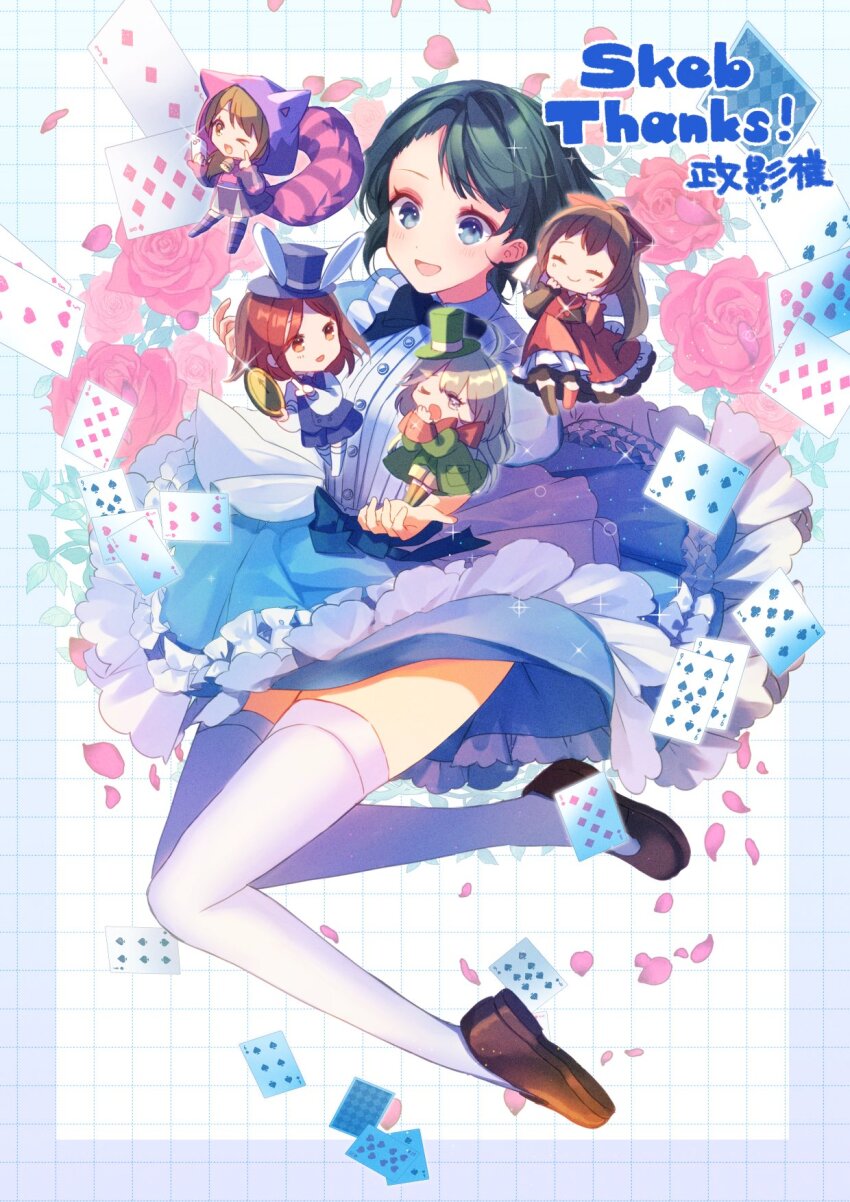 &gt;_o 5girls aizawa_kazuha alice_(alice_in_wonderland) alice_(alice_in_wonderland)_(cosplay) alice_in_wonderland animal_ears animal_hood assault_lily asymmetrical_hair bell black_bow black_bowtie black_dress black_thighhighs blue_dress blue_hair blue_headwear blue_skirt blue_vest blush border bow bowtie brown_footwear brown_hair brown_shorts buttons card cat_ears cat_hood cat_tail cellphone cheshire_cat_(alice_in_wonderland) cheshire_cat_(alice_in_wonderland)_(cosplay) closed_eyes closed_mouth commentary_request commission cosplay double-breasted dress eight_of_diamonds_(playing_card) fake_animal_ears finger_to_cheek five_of_hearts floating_card floral_background flower four_of_clubs frilled_dress frills gradient_background green_headwear green_jacket grey_border grey_eyes grey_hair grid_background hair_bow hand_to_own_mouth hands_up hat hat_with_ears hatsukano_you highres holding holding_phone holding_pocket_watch hood hood_up iijima_renka jacket long_hair long_sleeves looking_at_another looking_at_phone looking_at_viewer low_ponytail mad_hatter_(alice_in_wonderland) mad_hatter_(alice_in_wonderland)_(cosplay) midair mini_person minigirl miniskirt multiple_girls neck_bell nine_of_spades one_eye_closed open_clothes open_jacket open_mouth outside_border parted_bangs parted_lips phone playing_card pocket_watch ponytail puffy_short_sleeves puffy_sleeves purple_thighhighs queen_of_hearts_(alice_in_wonderland) queen_of_hearts_(alice_in_wonderland)_(cosplay) rabbit_ears red_dress red_flower red_hair red_rose rose sasaki_ran serizawa_chikaru seven_of_clubs shoe_soles shoes short_sleeves shorts side_ponytail six_of_spades skeb_commission skirt smartphone smile sparkle striped_clothes striped_thighhighs tail ten_of_hearts thighhighs three_of_diamonds top_hat two-tone_dress vest watch white_background white_rabbit_(alice_in_wonderland) white_rabbit_(alice_in_wonderland)_(cosplay) white_thighhighs yatsukaho_(miho) yawning yellow_eyes