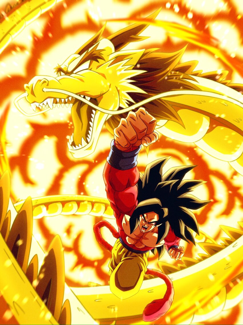 1boy black_hair dragon_ball dragon_ball_gt dragon_fist dragon_fist_(dragon_ball) explosion flying red_fur solo son_goku super_saiyan super_saiyan_4 tagme tail yellow_eyes