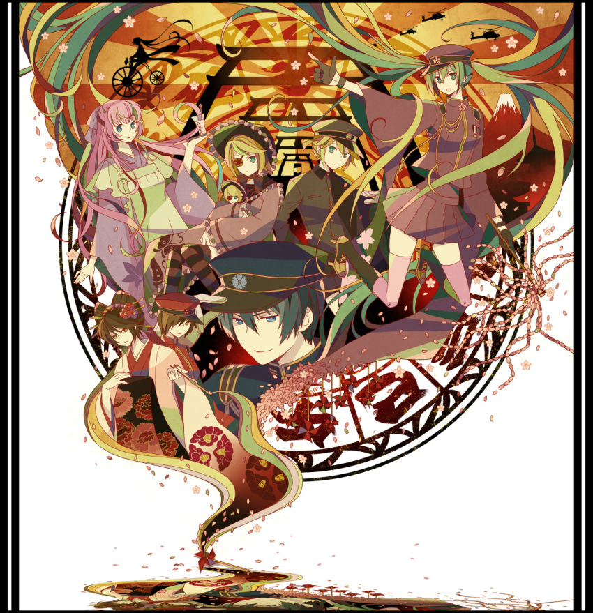 2boys 4girls aqua_eyes aqua_hair blonde_hair blue_eyes cherry_blossoms eyepatch green_hair hat hatsune_miku highres japanese_clothes kagamine_len kagamine_len_(ni_no_sakura_senbu) kagamine_rin kagamine_rin_(ni_no_sakura_kouchou) kaito_(rei_no_sakura_sousetsu)_(vocaloid) kaito_(vocaloid) long_hair md5_mismatch megurine_luka megurine_luka_(san_no_sakura_fuuka) meiko_(rei_no_sakura_benitsubaki)_(vocaloid) meiko_(vocaloid) multiple_boys multiple_girls peaked_cap petals pink_hair senbon-zakura_(vocaloid) short_hair skirt smile thighhighs torii twintails very_long_hair vocaloid yuuno_(yukioka) zettai_ryouiki