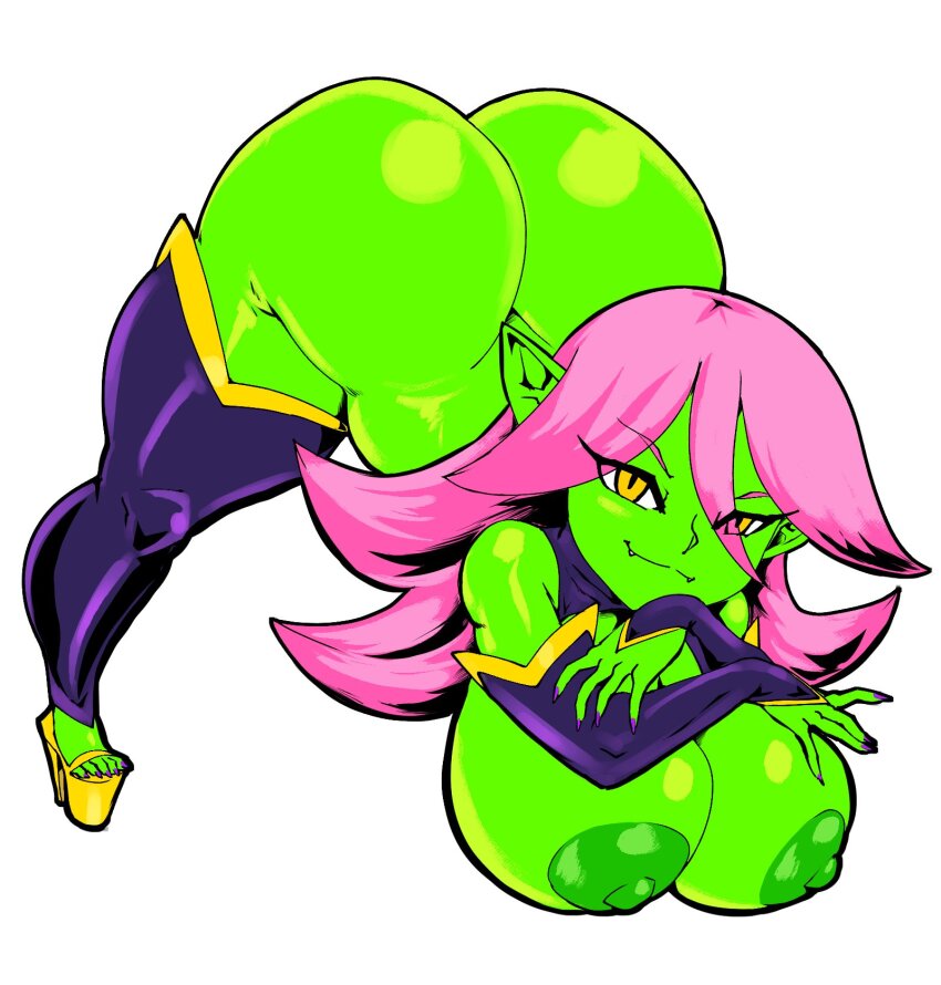 1girl ass breasts colored_skin dart_(thecon) detached_sleeves eyes_visible_through_hair fangs feet fingernails full_body goblin gold green_skin high_heels huge_ass huge_breasts jack-o&#039;_challenge large_areolae looking_at_viewer nipples one_eye_covered original pink_hair sharp_fingernails smile thecon thighhighs yellow_eyes