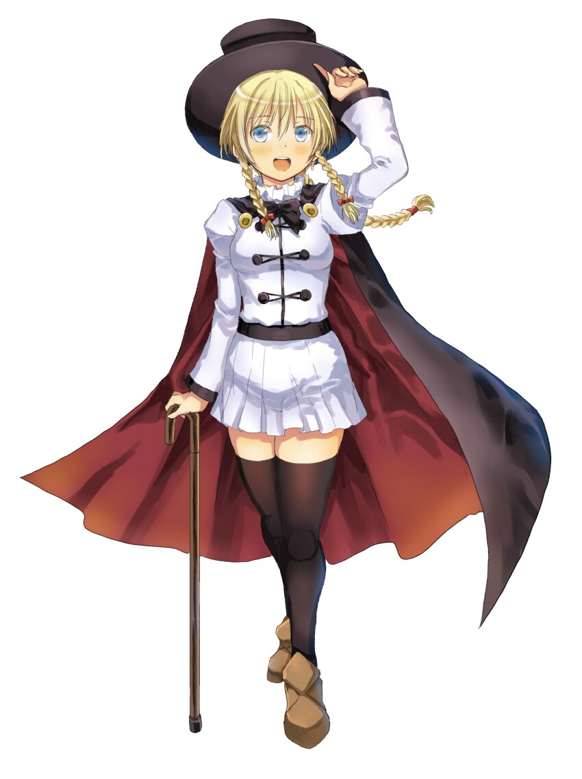 1girl absurdres black_cape black_headwear black_thighhighs blonde_hair blue_eyes blush braid breasts brown_footwear cane cape full_body garimpeiro hair_between_eyes hat highres jacket kenzen_robo_daimidaler looking_at_viewer medium_breasts open_mouth red_cape rikantsu_seabury simple_background skirt smile thighhighs top_hat twin_braids white_background white_jacket white_skirt