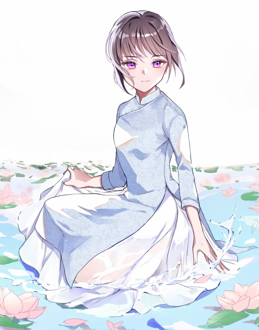 1girl ao_dai black_hair clothes_lift flower highres idolmaster idolmaster_cinderella_girls lake leaf lotus lotus_leaf purple_eyes shirayuki_chiyo short_hair sitting skirt skirt_lift tamao_tamaki water