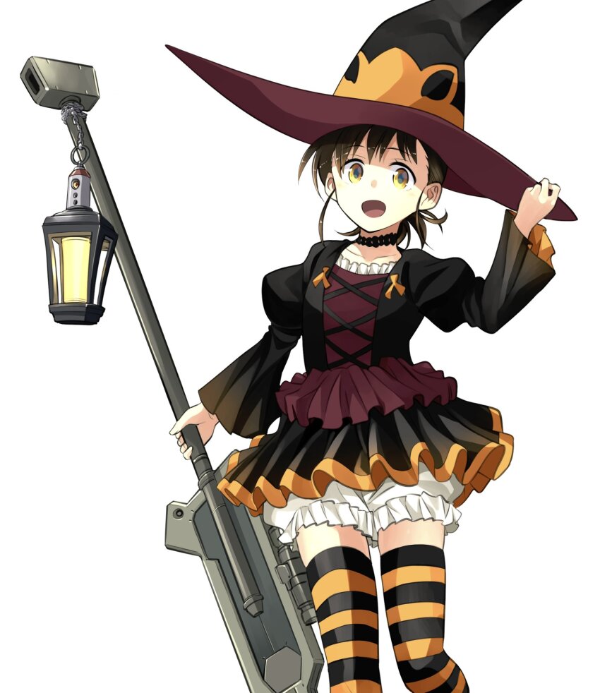 1girl black_hair dress frilled_dress frills gun halloween hat highres holding holding_gun holding_weapon kato_takuji long_sleeves mechanical_buddy_universe open_mouth rifle riika_rikkinen_(mechanical_buddy_universe) short_hair simple_background sniper_rifle solo thighhighs weapon witch witch_hat yellow_eyes