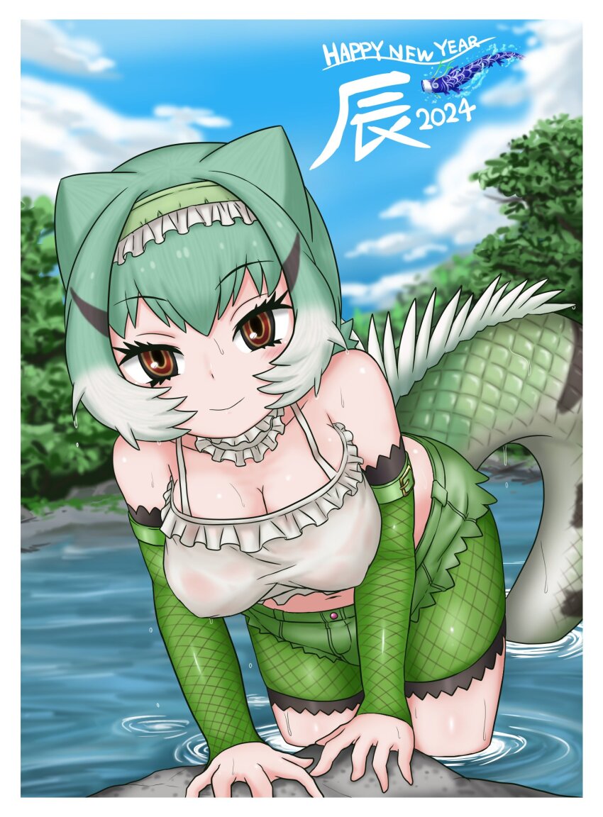 1girl 2024 adansosutega arm_belt arm_support bare_shoulders belt bent_over bike_shorts bike_shorts_under_shorts black_eyes black_hair blush border breasts chinese_water_dragon_(kemono_friends) choker closed_mouth covered_erect_nipples crop_top cutoff_jeans cutoffs day detached_sleeves eyelashes frilled_choker frilled_hairband frills green_belt green_hair green_shorts green_sleeves grey_hair hair_horns hairband happy_new_year highres kemono_friends kemono_friends_3 lizard_tail looking_at_viewer medium_breasts medium_hair midriff multicolored_eyes multicolored_hair navel new_year outdoors outside_border print_shorts print_sleeves red_eyes see-through_clothes short_shorts shorts shorts_under_shorts smile solo spaghetti_strap stomach tail wading water wet wet_clothes wet_face wet_hair white_border yellow_eyes