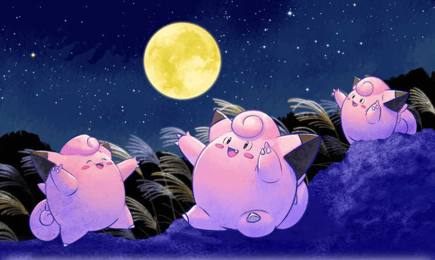 artist_request black_eyes blush_stickers claws clefairy fang full_moon gen_1_pokemon grass highres moon night night_sky nintendo outdoors pokemon pokemon_(creature) sitting sky smile star_(sky) starry_sky susuki_grass tall_grass tsukimi