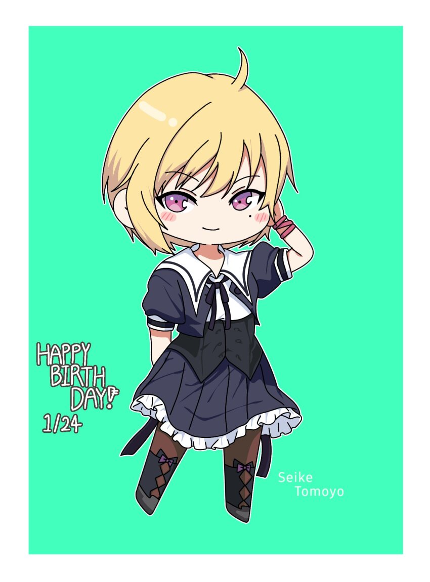 1girl ahoge arm_behind_back assault_lily black_ribbon black_skirt black_thighhighs blonde_hair blush border bow brown_pantyhose character_name closed_mouth clothing_cutout commentary cropped_jacket frilled_skirt frills full_body green_background grey_shoes hand_in_own_hair hand_up happy_birthday highres leg_cutout looking_at_viewer miniskirt mole mole_under_eye neck_ribbon outside_border pantyhose pleated_skirt puffy_short_sleeves puffy_sleeves purple_bow purple_eyes red_ribbon ribbon school_uniform seike_tomoyo shoes short_hair short_sleeves simple_background skirt smile solo standing thighhighs thighhighs_over_pantyhose underbust white_border wrist_ribbon yui_(yui1115_) yurigaoka_girls_academy_school_uniform