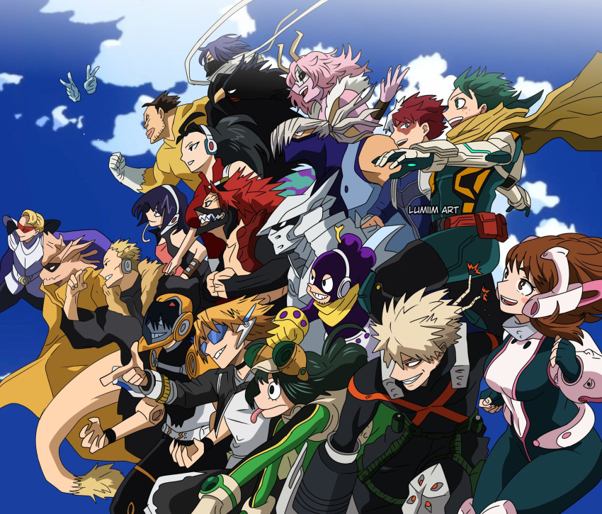 6+boys 6+girls aged_up aoyama_yuuga armor ashido_mina asui_tsuyu bakugou_katsuki bald belt bird bird black_hair blonde_hair bodysuit boku_no_hero_academia breasts brown_eyes brown_hair cape cleavage colored_skin dimples eye_mask frog_girl green_eyes green_hair hagakure_toru headset helmet heterochromia highres horns iida_tenya invisible jiro_kyoka kaminari_denki kirishima_eijirou knee_pads kouda_kouji large_breasts long_hair lumiim mask medium_hair midoriya_izuku mineta_minoru monster_boy monster_girl multicolored_hair multiple_boys multiple_girls navel no_nose ojiro_mashirao pink_hair pink_skin ponytail red_eyes red_hair satou_rikidou sero_hanta shinso_hitoshi shirt short_hair shouji_mezou sleeveless sleeveless_shirt smile sunglasses superhero_costume tail todoroki_shouto tokoyami_fumikage uraraka_ochako white_hair yaoyorozu_momo
