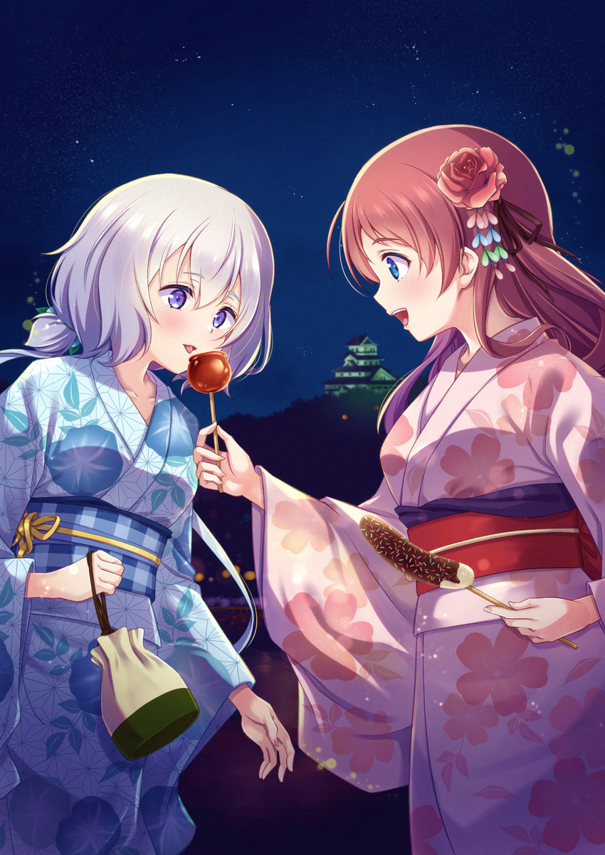 :d asa_no_ha_(pattern) blue_eyes blue_kimono brown_hair candy_apple chocolate_banana floral_print food hair_ornament hair_ribbon highres japanese_clothes kanzashi kimono konno_junko long_hair long_sleeves minamoto_sakura murasaki_atsushi night obi obiage obijime open_mouth outdoors pink_kimono pink_ribbon print_kimono profile ribbon sash sky smile star_(sky) starry_sky tongue tongue_out white_hair wide_sleeves zombie_land_saga
