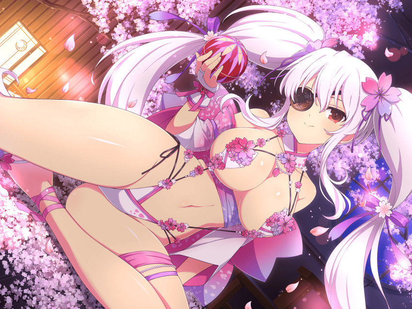 1girl breasts cherry_blossoms cleavage closed_mouth eyepatch flower flower_hairtie hair_ornament highres lantern large_breasts long_hair looking_at_viewer navel night night_sky official_alternate_costume official_alternate_hairstyle official_art pink_flower red_eyes senran_kagura senran_kagura_new_link sky slingshot_swimsuit smile swimsuit twintails white_hair white_slingshot_swimsuit yaegashi_nan yagyu_(senran_kagura)