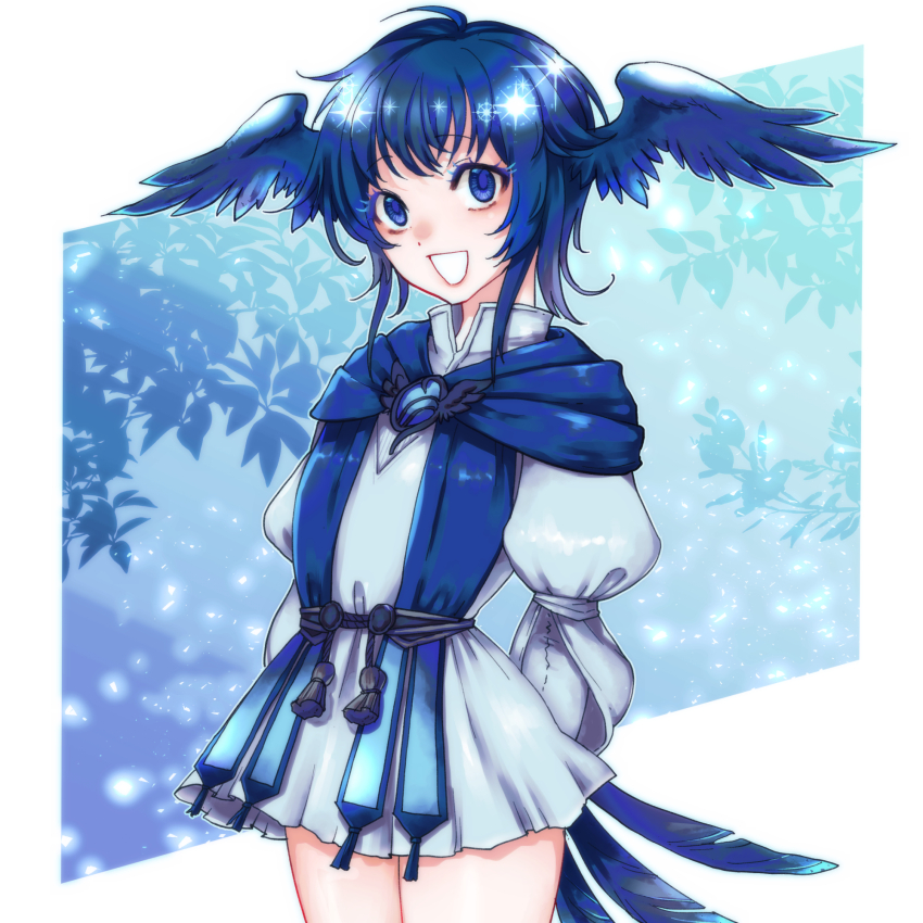 1girl arms_behind_back belt bird_girl bird_tail bird_wings blue_capelet blue_eyes blue_hair border brooch capelet collared_dress cowboy_shot dress feathered_wings final_fantasy final_fantasy_xiv fosaster_fenrir grin head_wings highres jewelry leaf light_particles looking_at_viewer meteion outside_border puffy_sleeves short_hair smile solo standing tail tassel white_border white_dress wings