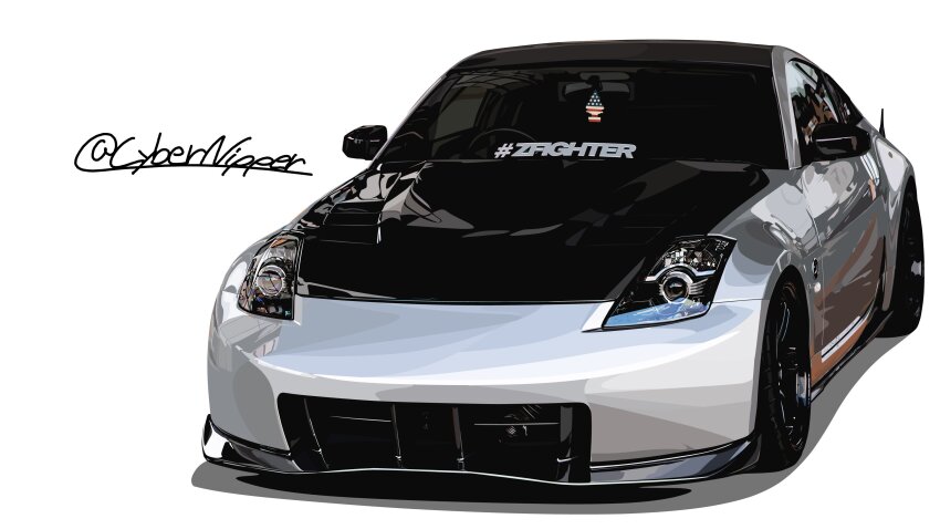 absurdres american_flag car cybernipper highres motor_vehicle nissan nissan_350z nissan_fairlady_z no_humans original shadow simple_background sports_car twitter_username vehicle_focus white_background