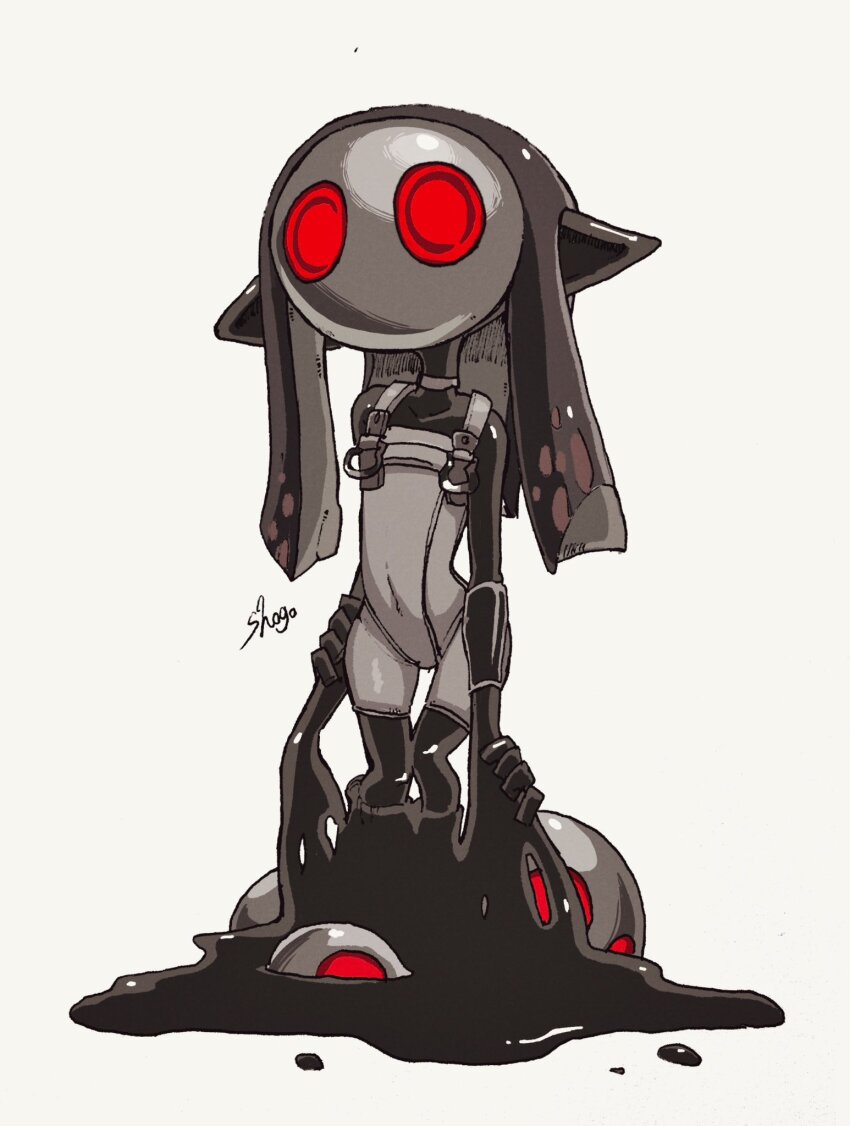 1girl black_hair black_skin bodysuit colored_skin commentary_request full_body glowing glowing_eyes highres jelleton long_hair mask nintendo parallel_canon_(splatoon) red_eyes shogo_(shogo70449442) simple_background sleeveless sleeveless_bodysuit splatoon_(series) splatoon_3 splatoon_3:_side_order standing standing_on_liquid tentacle_hair white_background white_bodysuit