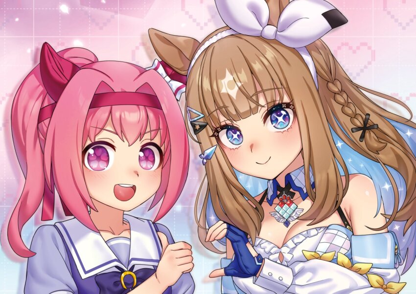 +_+ 2girls :d almond_eye_(umamusume) animal_ears bare_shoulders black_ribbon blue_eyes blue_gloves blue_hair blunt_bangs bow bow_hairband braid breasts brown_hair buttoned_cuffs buttons chest_bow cleavage collar collarbone colored_inner_hair commentary commentary_request curtained_hair detached_collar detached_sleeves double-parted_bangs dress ear_bow ear_covers fingerless_gloves flower_in_eye furrowed_brow gloves grid_background hachimaki hair_ornament hair_ribbon hairband hairclip half-heart_hands haru_urara_(umamusume) headband heart heart_hands_failure horse_ears horse_girl horseshoe_ornament large_breasts long_hair long_sleeves looking_at_viewer multicolored_eyes multicolored_hair multiple_girls open_mouth parted_bangs pink_background pink_eyes pink_hair pink_headband ponytail puffy_long_sleeves puffy_short_sleeves puffy_sleeves purple_bow purple_shirt ress_beep ribbon sailor_collar school_uniform shirt short_sleeves side_braid sidelocks single_braid sleeve_bow small_breasts smile striped_collar summer_uniform symbol-only_commentary symbol_in_eye teeth thick_eyelashes thumbs_up tracen_school_uniform triangle_hair_ornament umamusume upper_teeth_only white_bow white_collar white_dress white_sailor_collar yellow_bow