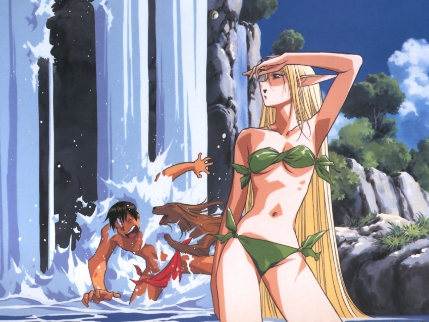 bikini blonde_hair deedlit dog elf highres leaf_bikini long_hair parn_(lodoss) pointy_ears record_of_lodoss_war side-tie_bikini_bottom strapless swimsuit very_long_hair water waterfall