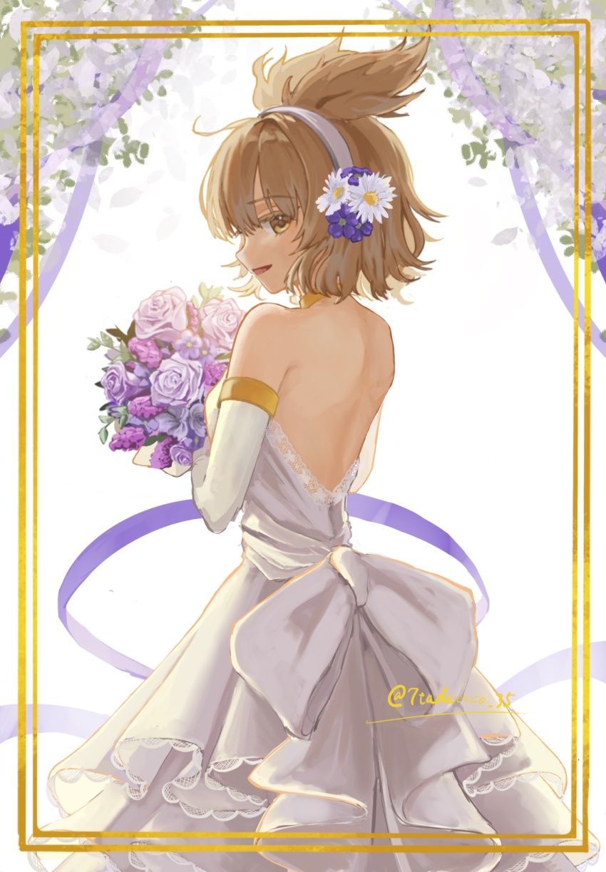 1girl blonde_hair bouquet bride brown_eyes dress earmuffs elbow_gloves flower from_behind gloves hair_flower hair_ornament highres holding holding_bouquet looking_at_viewer open_mouth pointy_hair sleeveless smile solo strapless strapless_dress touhou toyosatomimi_no_miko twitter_username wanya2panic wedding wedding_dress white_dress white_gloves