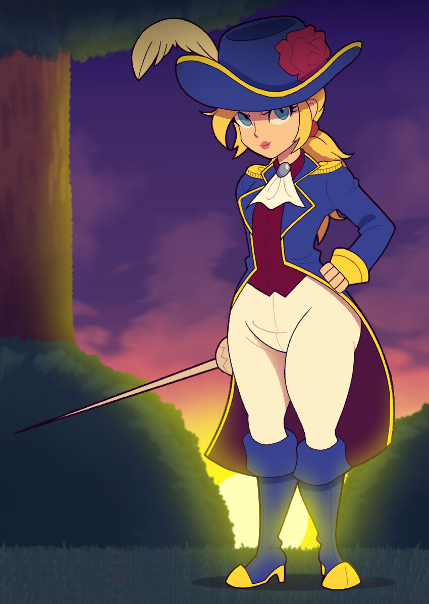 1girl bare_shoulders blonde_hair blue_boots blue_eyes blue_hat boots cavalier_hat closed_mouth coat commentary english_commentary eyelashes hand_on_own_hip hat highres holding holding_sword holding_weapon knee_boots looking_at_viewer mario_(series) nintendo pants princess_peach princess_peach:_showtime! solo sunset sword swordfighter_peach thick_thighs thighs tonyneely two-sided_coat two-sided_fabric weapon white_pants wide_hips