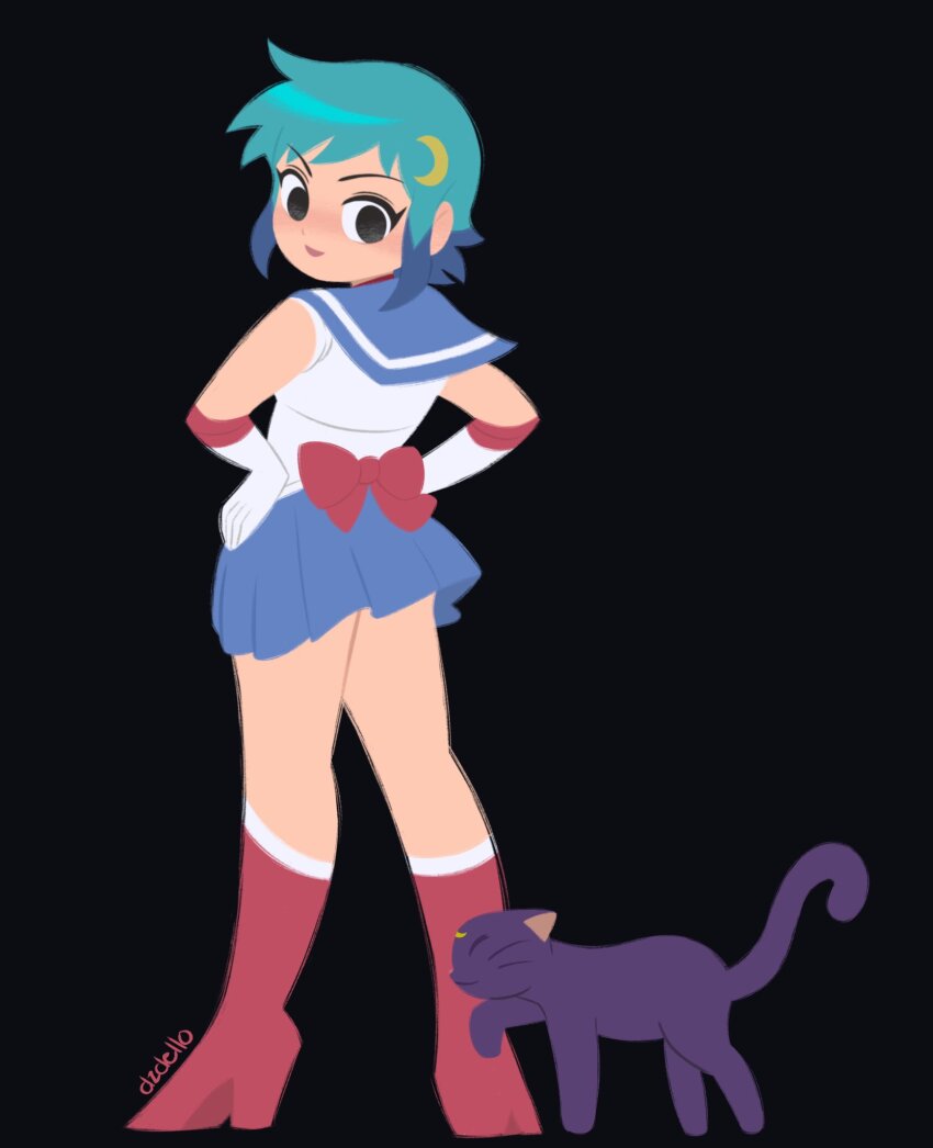 1girl alt_text animal ass back_bow bishoujo_senshi_sailor_moon black_background black_cat black_eyes blue_hair blue_sailor_collar bow breasts cat choker colored_tips commentary cosplay crescent dzdello elbow_gloves english_commentary from_behind full_body gloves hair_ornament hands_on_own_hips highres looking_at_another luna_(sailor_moon) magical_girl multicolored_hair ramona_flowers red_bow red_choker sailor_collar sailor_moon sailor_moon_(cosplay) sailor_senshi school_uniform scott_pilgrim_(series) scott_pilgrim_takes_off serafuku short_hair simple_background skirt smile standing swept_bangs tsukino_usagi tsukino_usagi_(cosplay) whiskers