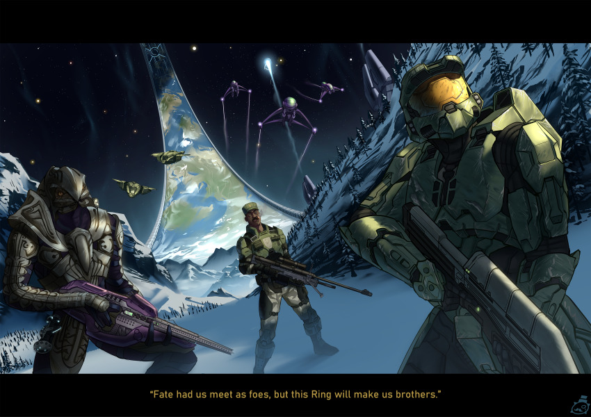 3boys absurdres alien anti-materiel_rifle arbiter armor assault_rifle bad_id bad_pixiv_id banshee_(halo) brown_eyes bullpup covenant_carbine dark-skinned_male dark_skin english_text green_headwear gun halo_(series) halo_2 highres holding holding_gun holding_weapon letterboxed ma5 male_focus master_chief mcc-cookie multiple_boys pelican_(halo) power_armor rifle science_fiction sergeant_johnson sniper_rifle snow space subtitled thel&#039;vadam tree visor weapon