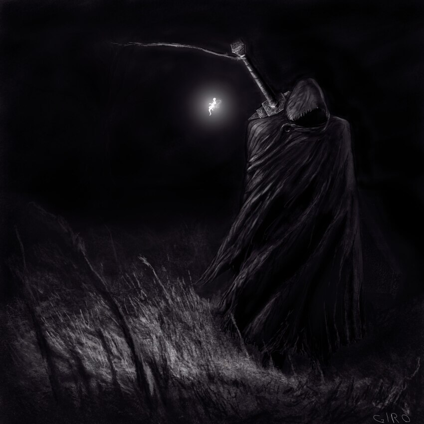 2boys artist_name bare_tree berserk black_cloak black_theme cape cloak dragonslayer_(sword) fairy fairy_wings giro glowing graphite_(medium) greatsword greyscale guts_(berserk) highres hood hooded_cloak huge_weapon monochrome multiple_boys puck_(berserk) signature sketch solo_focus sword third-party_source traditional_media tree weapon wheat wheat_field wings