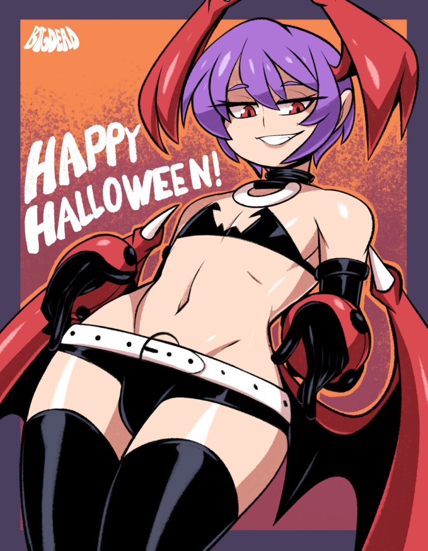 bat_wings bigdead capcom choker cosplay darkstalkers disgaea elbow_gloves etna_(disgaea) etna_(disgaea)_(cosplay) gloves halloween head_wings highres lilith_(darkstalkers) purple_hair short_hair thighhighs wings