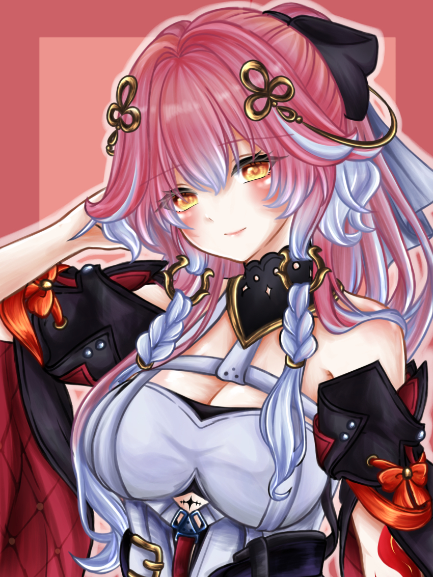 1girl absurdres arm_up bare_shoulders black_bow black_collar blush bow braid breasts changli_(wuthering_waves) cleavage closed_mouth clothing_cutout collar commentary cutout_above_navel dress hair_bow hair_extensions hair_ornament highres large_breasts long_hair looking_at_viewer multicolored_hair pink_hair ring_hair_extensions seno_(snllian) smile solo tacet_mark_(wuthering_waves) twin_braids two-tone_hair upper_body white_dress white_hair wuthering_waves yellow_eyes