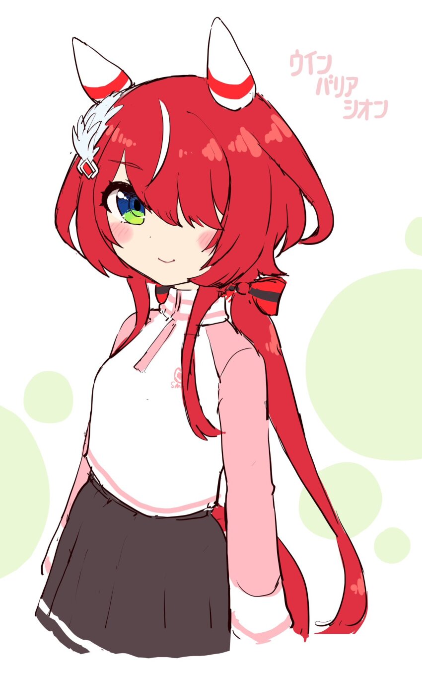 1girl alternate_costume animal_ears black_skirt blush blush_stickers bow breasts commentary_request ear_covers ear_ornament green_eyes hair_bow hair_over_one_eye highres horse_ears horse_girl horse_tail jacket long_hair long_sidelocks looking_at_viewer red_bow red_hair sidelocks simoyuki simple_background skirt small_breasts smile solo striped_bow tail translation_request umamusume white_background white_jacket win_variation_(umamusume)
