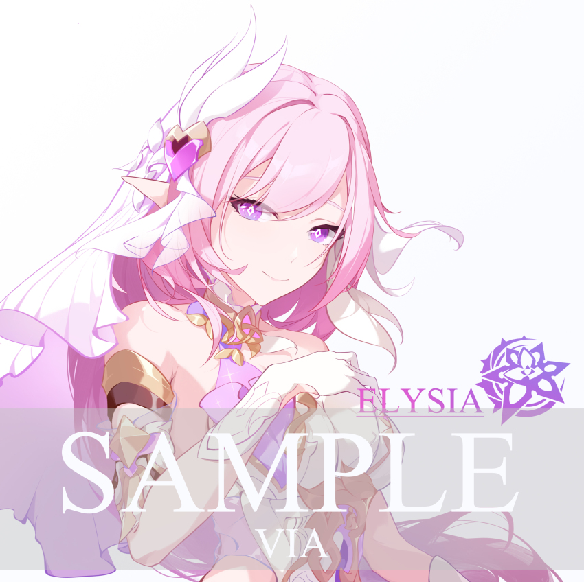 1girl absurdres artist_name breasts character_name chinese_commentary commentary_request corset diamond-shaped_pupils diamond_(shape) elf elysia_(herrscher_of_human:_ego)_(honkai_impact) elysia_(honkai_impact) gloves highres honkai_(series) honkai_impact_3rd impasto large_breasts long_hair pink_hair pointy_ears purple_eyes sample_watermark signet_of_ego solo symbol-shaped_pupils triquetra upper_body veil very_long_hair via_shinan watermark white_corset white_gloves white_veil