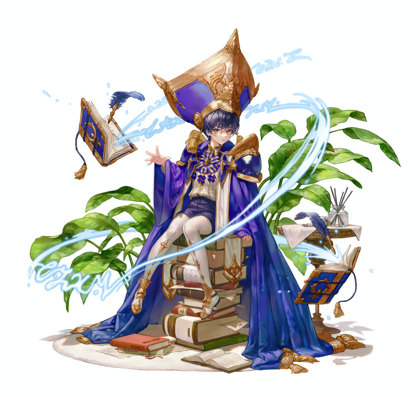 1boy absurdres arm_support armor black_hair black_shorts book book_stack bow cape collared_shirt commentary commentary_request datan_uu english_commentary floating floating_book floating_object full_body grey_eyes hat hat_tassel headwear_request highres jar knees_together_feet_apart korean_commentary looking_at_viewer magic male_focus mixed-language_commentary open_book open_hand original oversized_hat pantyhose pantyhose_under_shorts paper pauldrons plant purple_bow purple_cape purple_hat quill shirt short_hair shorts shoulder_armor sitting_on_books solo striped_bow table tassel very_short_hair white_background white_pantyhose white_shirt wispy_bangs