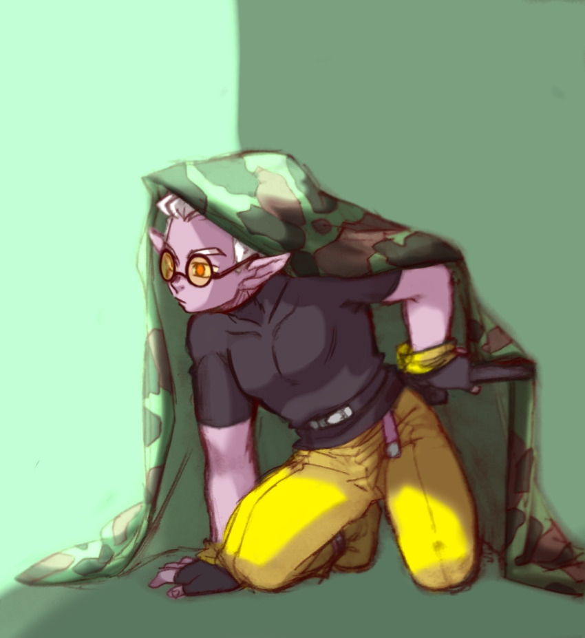 1boy boots camouflage colored_skin commentary_request covered_pectorals demon_boy dragon_ball dragon_ball_heroes dragon_ball_xenoverse fingerless_gloves fu_(dragon_ball) glasses gloves grey_shirt hand_on_ground hand_on_sheath highres kneeling looking_to_the_side pants pectorals pointy_ears purple_skin red_eyes round_eyewear sen_(aypj8447) shirt short_sleeves sketch solo tinted_eyewear toned toned_male white_hair yellow-tinted_eyewear yellow_boots yellow_pants