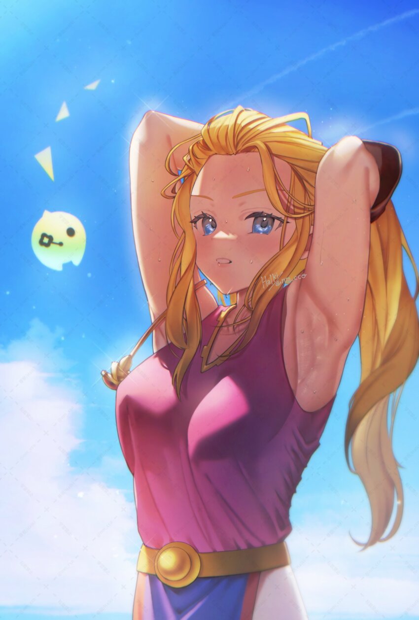 1girl 1other adjusting_hair ao_haruki armpits arms_up blonde_hair blue_eyes blue_sky gloves highres looking_at_viewer nintendo official_alternate_costume official_alternate_hairstyle ponytail princess_zelda sky sleeveless sweat the_legend_of_zelda the_legend_of_zelda:_echoes_of_wisdom tri_(zelda) upper_body very_sweaty