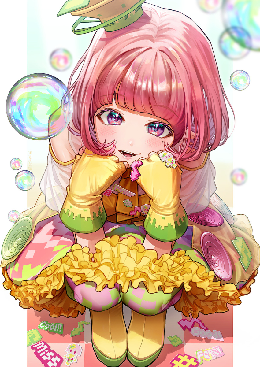 1girl bubble english_text highres kamen_rider kamen_rider_ex-aid_(series) looking_at_viewer pink_eyes pink_hair poppi_pipopapo short_hair skirt solo squatting twitter zeikomimi