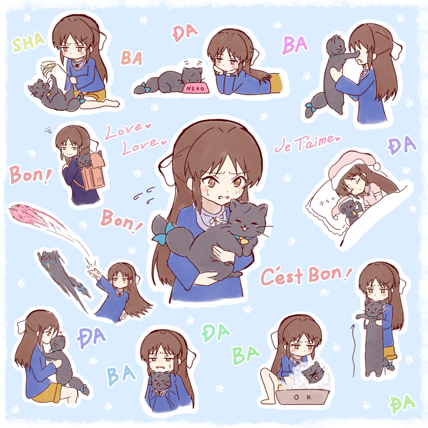 1girl animal backpack bag black_cat blue_shirt bow bowl brown_hair cat cat_teaser commentary_request frisbee half_updo heart highres hitofudegaki_usagi holding_cat_teaser idolmaster idolmaster_cinderella_girls kiss kissing_animal lifting_animal long_hair longcat_(meme) meme motion_blur multiple_views outline pet_bowl randoseru rejected_kiss shared_bed shirt skirt squiggle tachibana_arisu tail tail_bow tail_ornament throwing washing_animal white_outline yellow_skirt