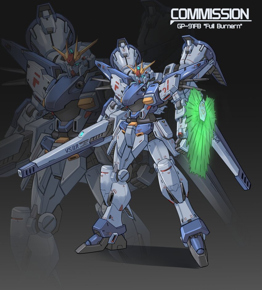 absurdres arm_shield arms_at_sides beam_rifle blue_eyes clenched_hand commission energy_barrier energy_gun energy_shield f91_gundam full_body fusion glowing glowing_eyes gradient_background gundam gundam_0083 gundam_f91 gundam_gp-01_full_vernian_zephyranthes highres jellen_squish legs_apart mecha mecha_focus mobile_suit no_humans robot science_fiction shadow standing thrusters v-fin v2_assault-buster_gundam victory_gundam weapon zoom_layer