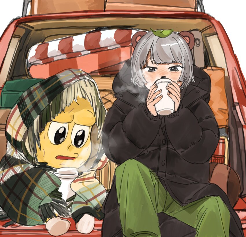 1boy 1girl absurdres animal_ears animal_nose car car_trunk coat colored_skin cup grey_hair highres holding holding_cup koinko_(hunjinwashow) leaf leaf_on_head mode_aim motor_vehicle peanuts-kun ponpoko_(vtuber) raccoon_ears raccoon_girl raccoon_tail scarf short_hair sitting tail virtual_youtuber yellow_skin