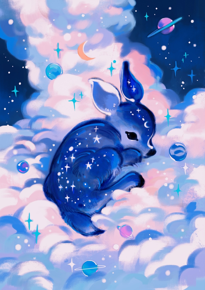 above_clouds animal animal_focus black_eyes blue_background blue_fur blue_sky blue_theme closed_mouth cloud commentary crescent crescent_facial_mark crescent_moon cumulonimbus_cloud curled_up deer english_commentary facial_mark fawn forehead_mark full_body highres lying meyoco moon night night_sky no_humans on_cloud original outdoors pink_clouds planet saturn_(planet) sky space sparkle star_(sky) star_(symbol)