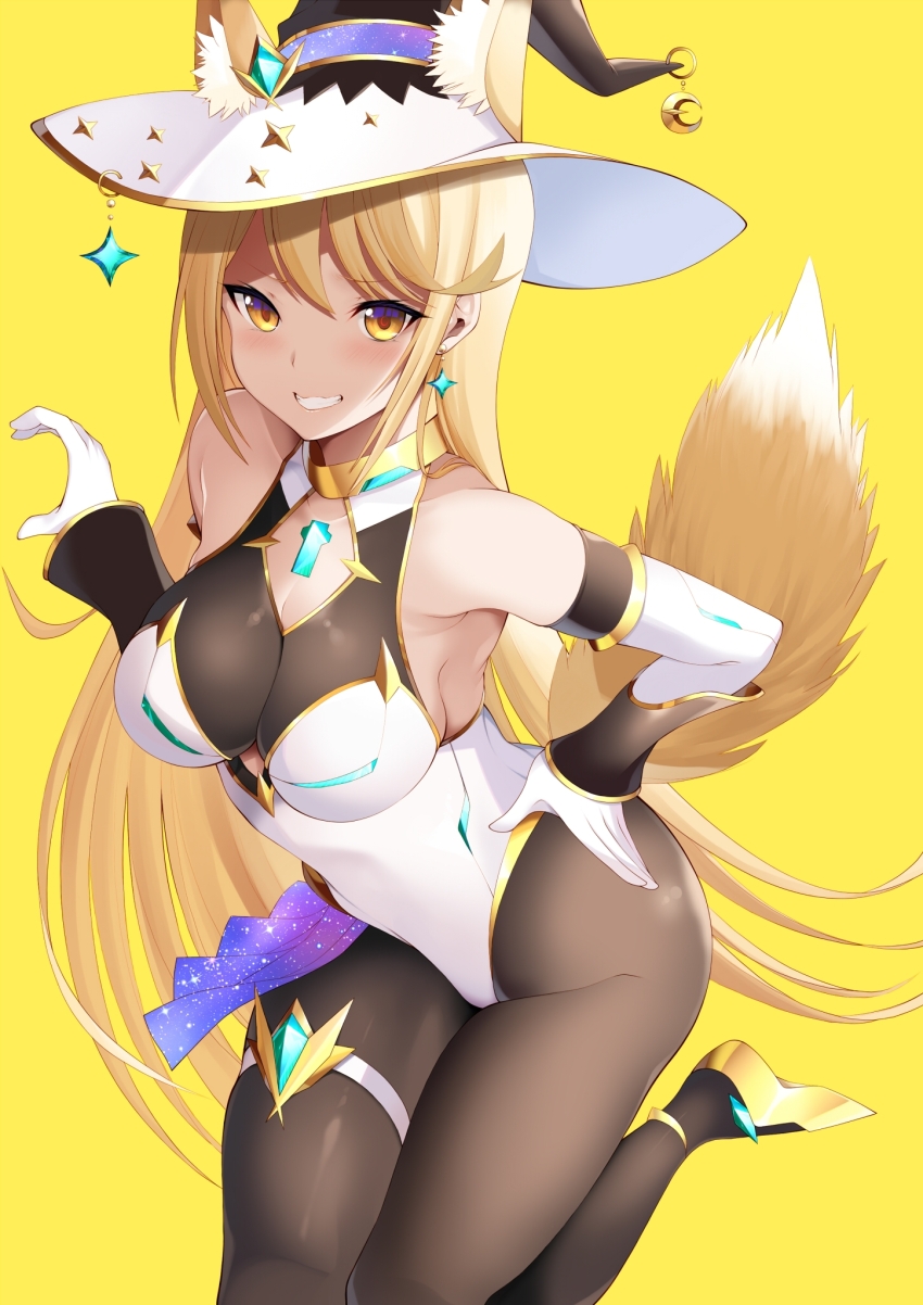 1girl animal_ears black_pantyhose blonde_hair breasts daive earrings fox_ears fox_girl fox_tail hat highres jewelry large_breasts leotard looking_at_viewer mythra_(xenoblade) pantyhose solo strapless strapless_leotard swept_bangs tail thigh_strap white_leotard witch_hat xenoblade_chronicles_(series) xenoblade_chronicles_2 yellow_background yellow_eyes